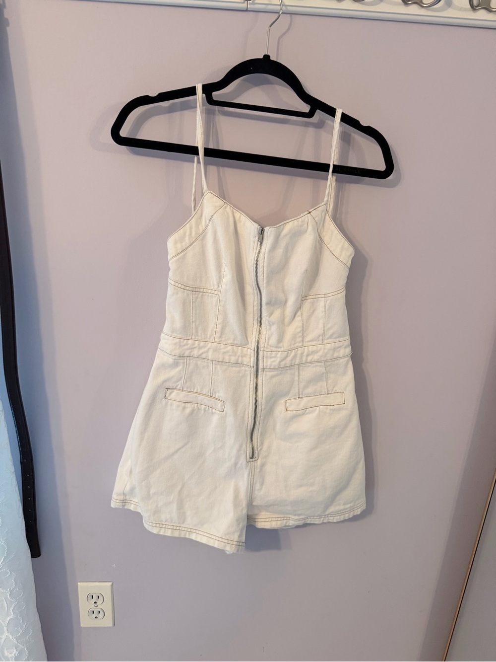 Woman’s White Spaghetti-Strap denim One-Piece Romper with Front Zip